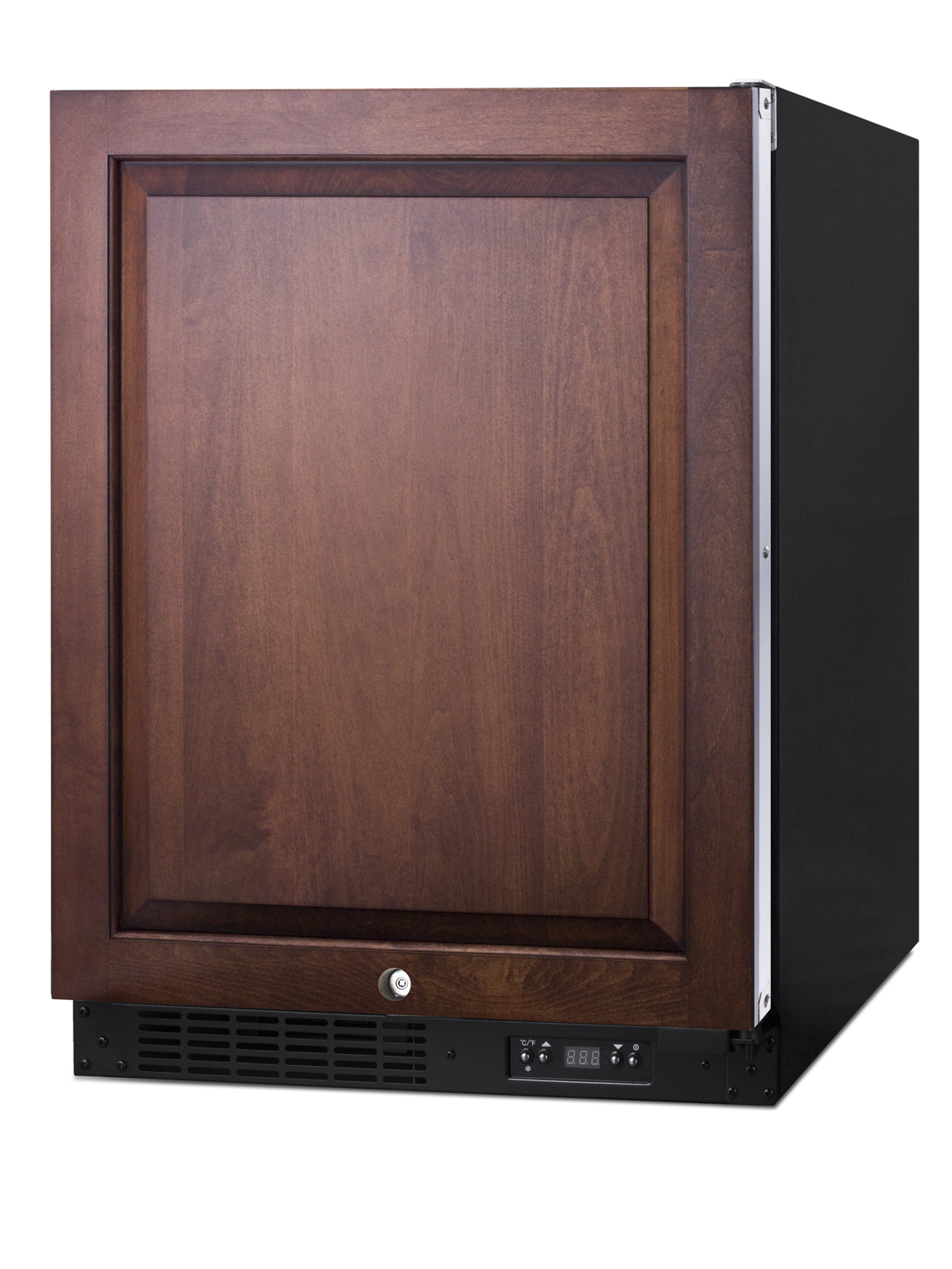 Built-in undercounter ADA compliant frost-free all-freezer with panel-ready door, black cabinet, door storage, lock, and digital controls